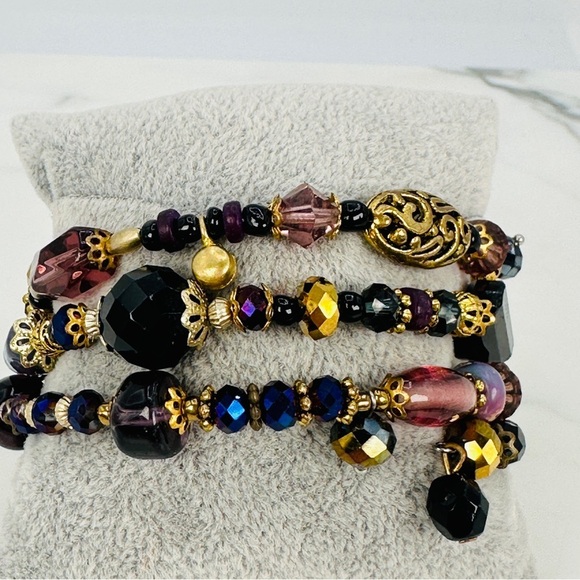Glass & Stone Wrap Bracelet Faceted Aurora Borealis Beads Purple Black Gold Glam - Picture 4 of 9